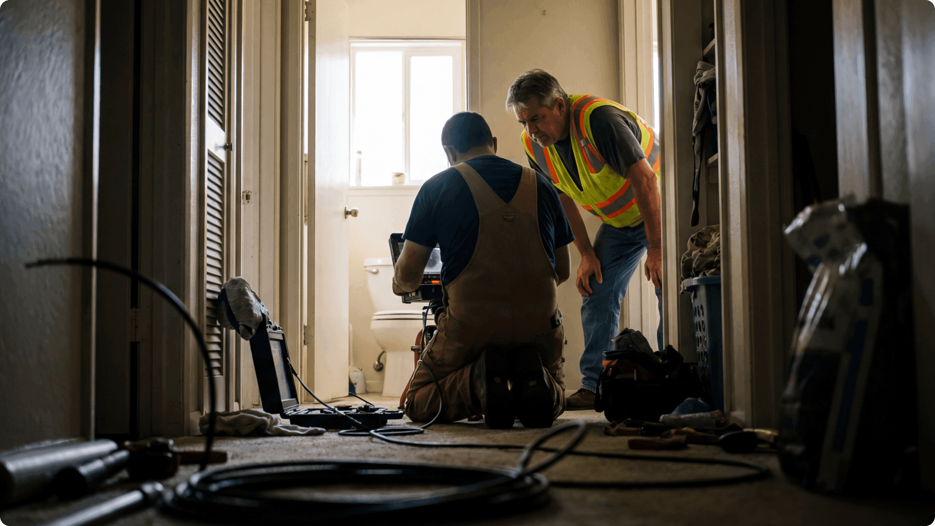 Professional plumber in blue uniform kneeling to inspect exposed underground plumbing pipe in a residential front yard, discussing repair with a concerned homeowner standing nearby