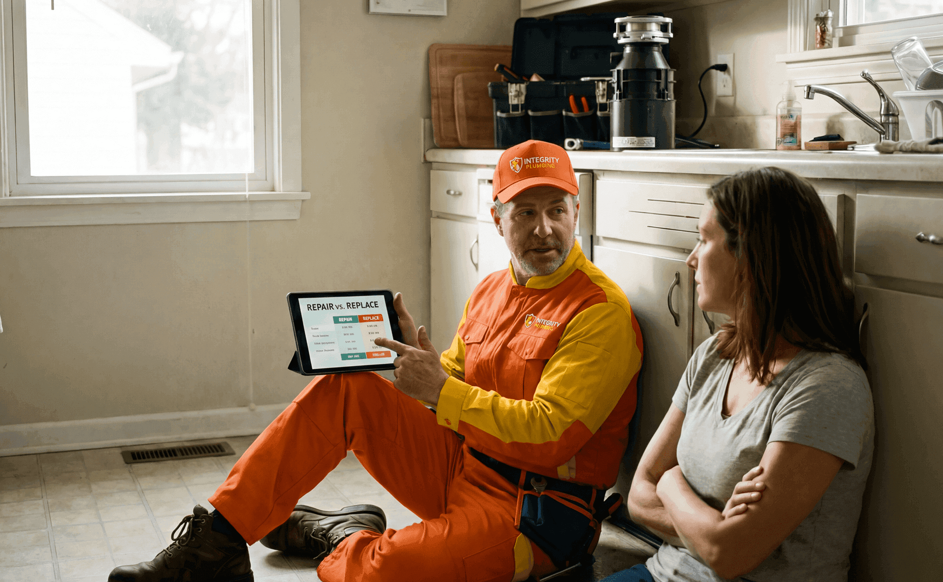 Professional plumber using tablet to present cost comparison for kitchen garbage disposal repair or replacement
