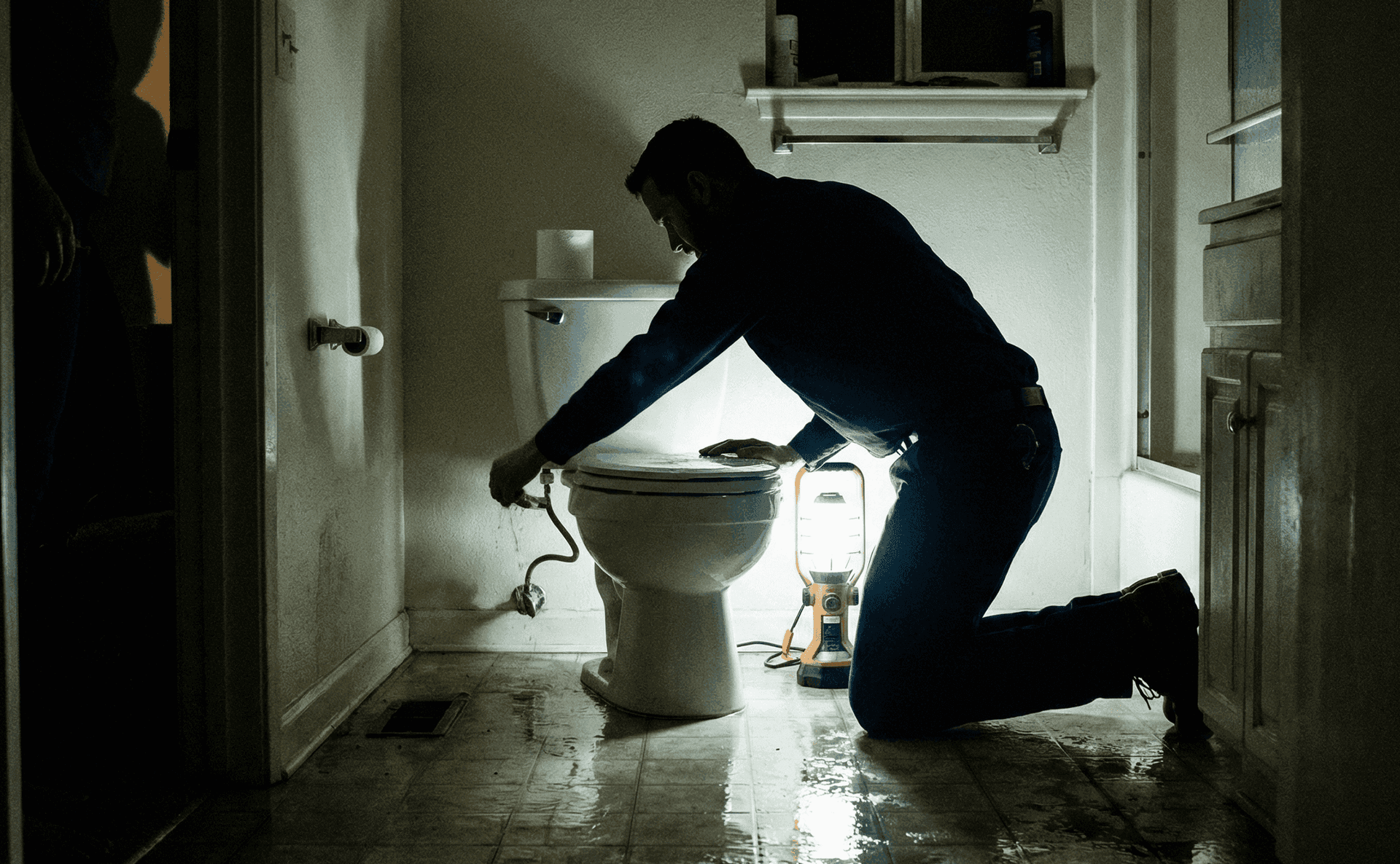 Professional plumber repairing a leaking toilet in a water-damaged bathroom, using a portable work light for visibility
