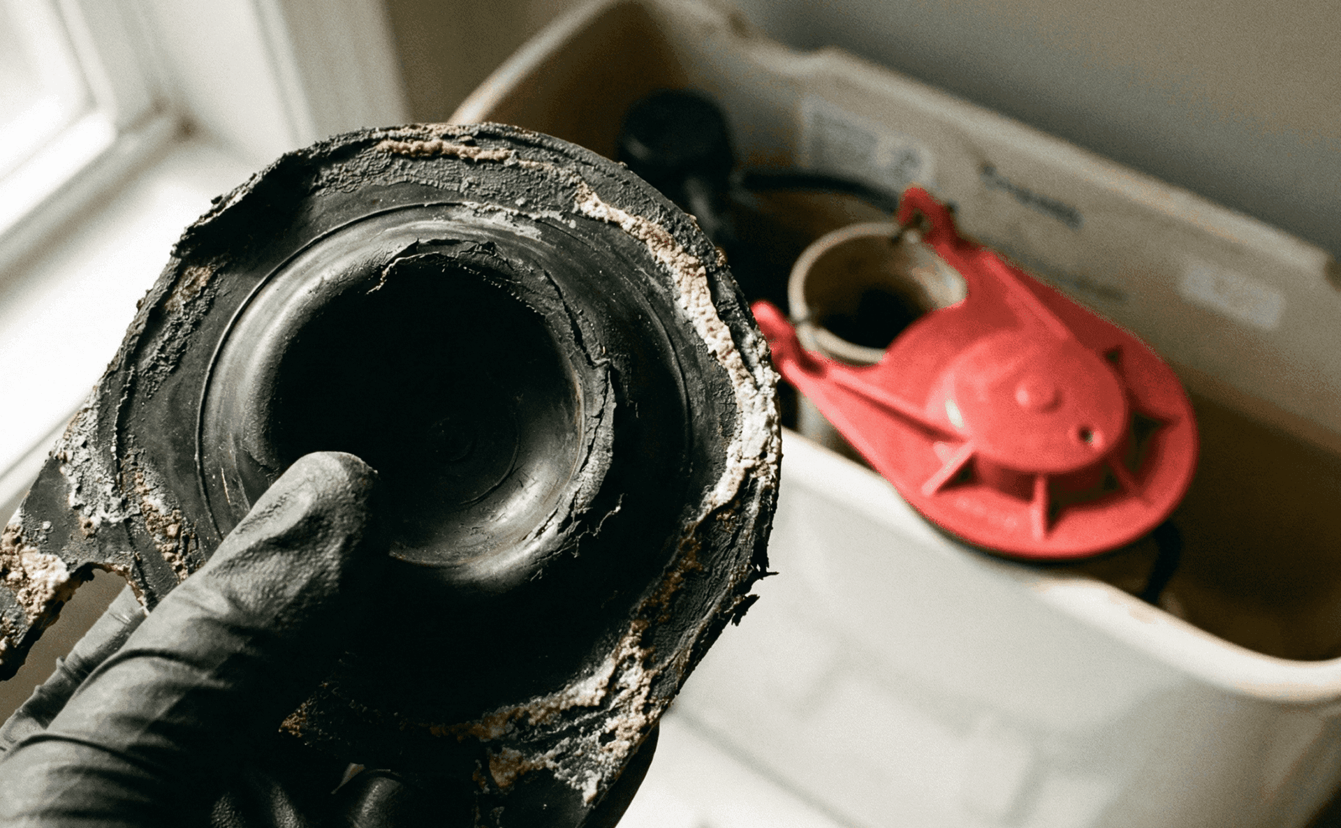 Plumber holding a worn-out toilet wax ring, with an open toilet tank and red flapper valve in the background, illustrating toilet repair and plumbing maintenance