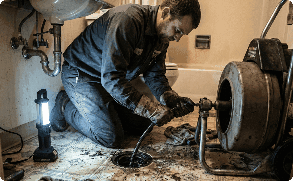 Technician using hydro-jetting to clear clogged drain in Fresno