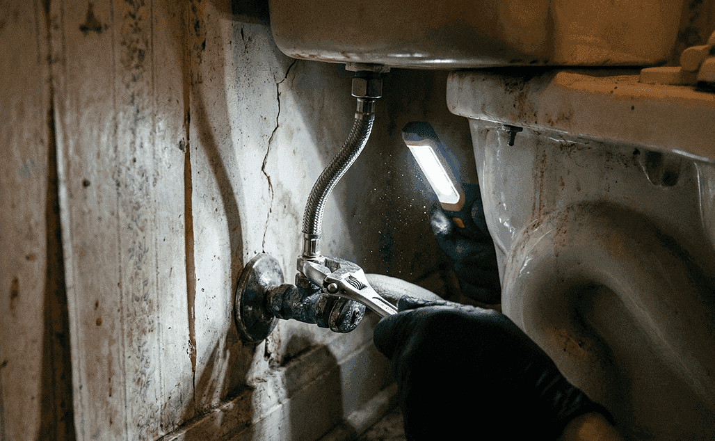 plumber-repairing-toilet-water-supply-line-with-wrench-and-flashlight-in-old-bathroom-during-emergency-plumbing-service