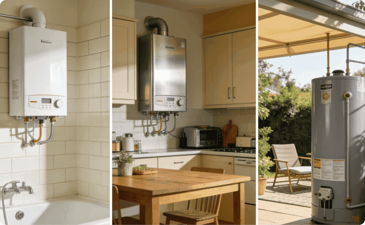 Three types of residential water heaters: white wall-mounted tankless gas heater in bathroom, stainless steel tankless boiler in kitchen, and outdoor gray storage water heater