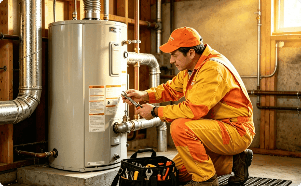 Professional plumber in orange workwear repairing a residential water heater in a garage using a wrench, offering top-tier plumbing and heating services