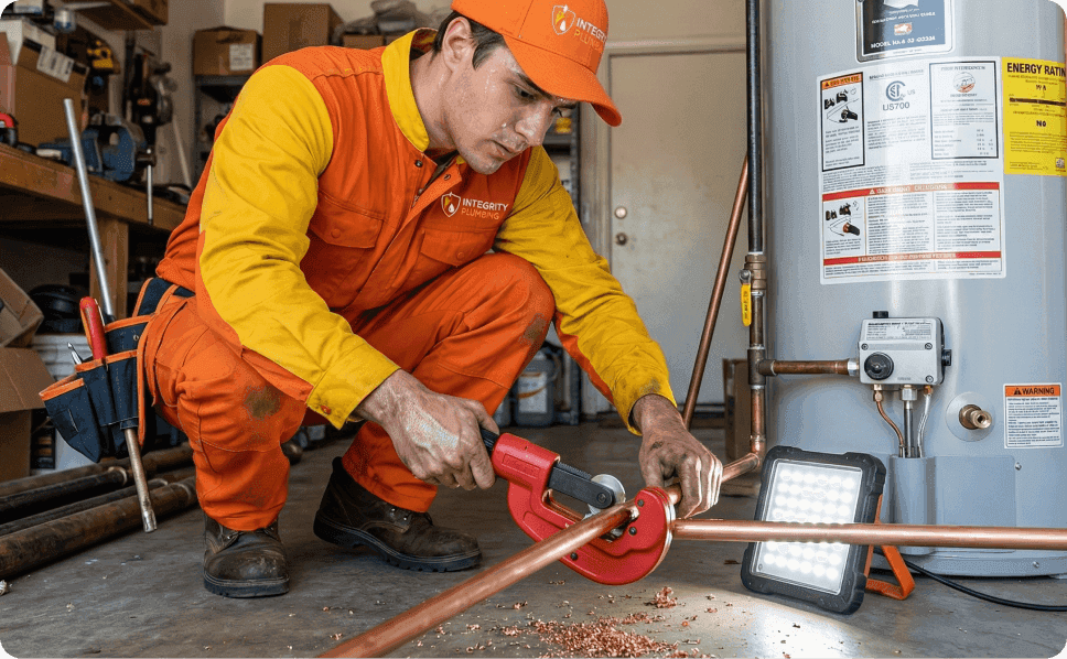 Professional plumber cutting copper pipe with pipe cutter near water heater in garage, Integrity Plumbing service technician performing pipe installation