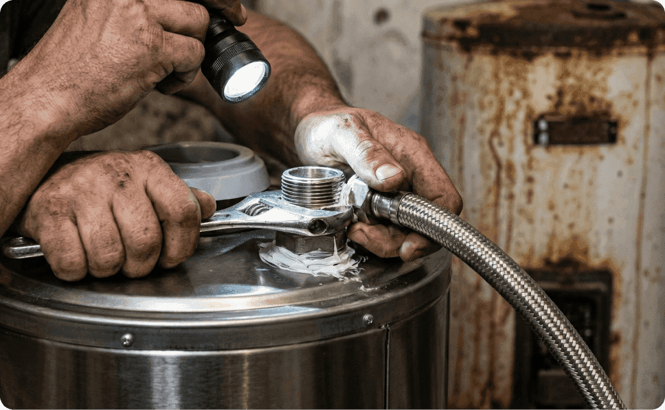 Plumber using adjustable wrench to install flexible water hose on a new water heater, with old rusted water heater in background - professional plumbing repair service
