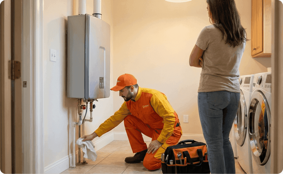 Plumber performing maintenance on a tankless water heater in laundry room, homeowner watching as technician inspects the unit with tools nearby