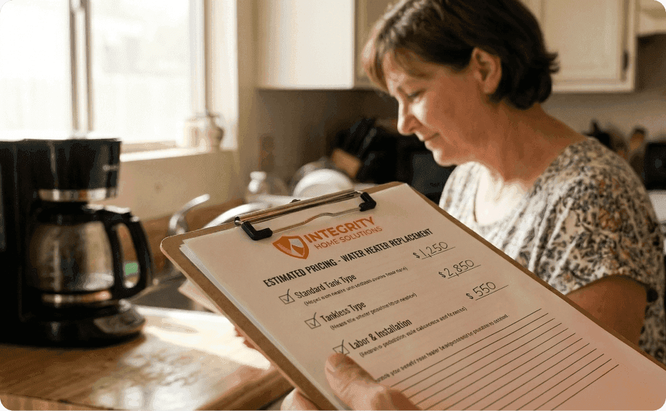 Homeowner reviewing water heater replacement cost estimate from Integrity Home Solutions, pricing list for standard tank and tankless water heaters with installation labor fees