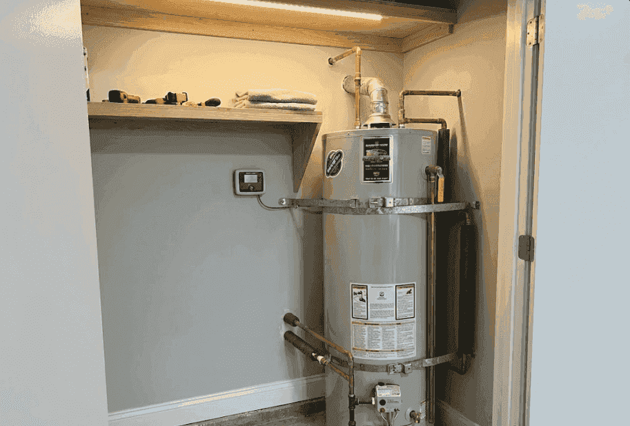 Residential Gas Water Heater Installed in Utility Closet with Temperature Control Panel and Storage Shelf