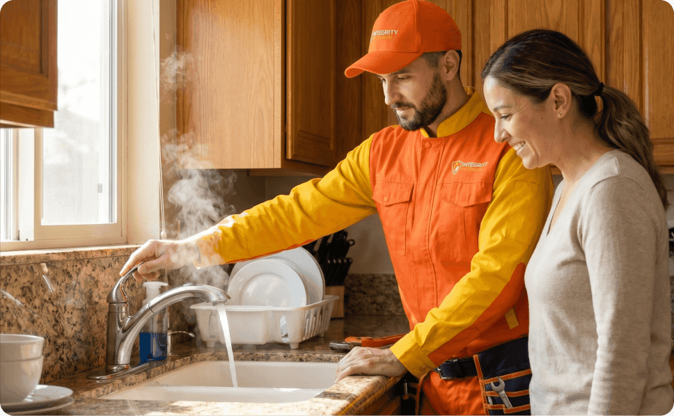 Plumber from Integrity Plumbing testing hot water at kitchen sink with homeowner