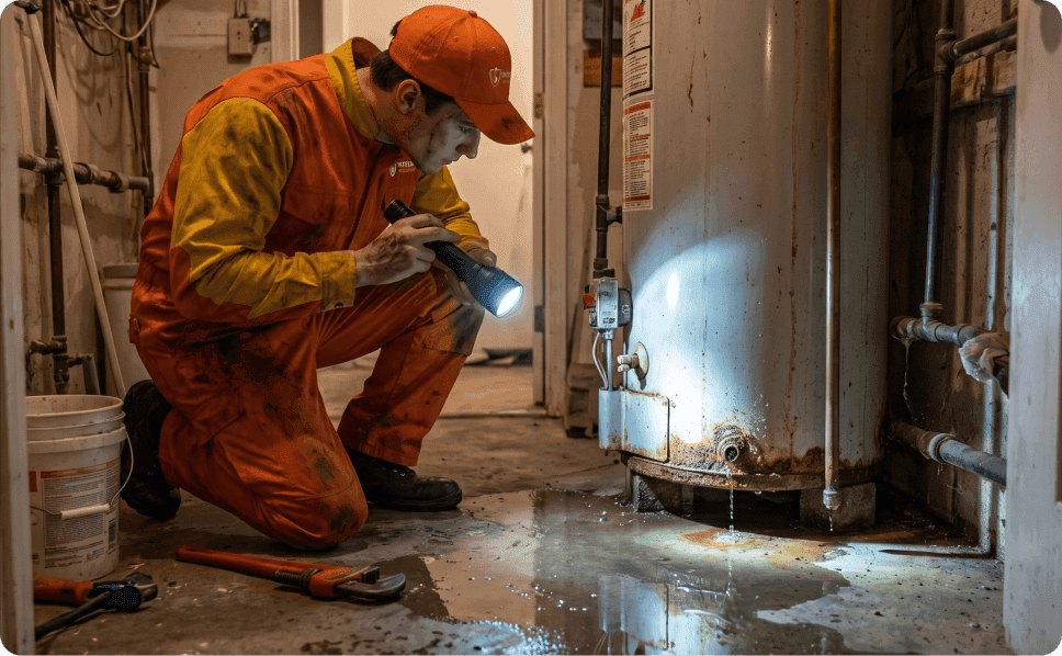 Plumber inspecting leaking water heater with flashlight during emergency plumbing repair service