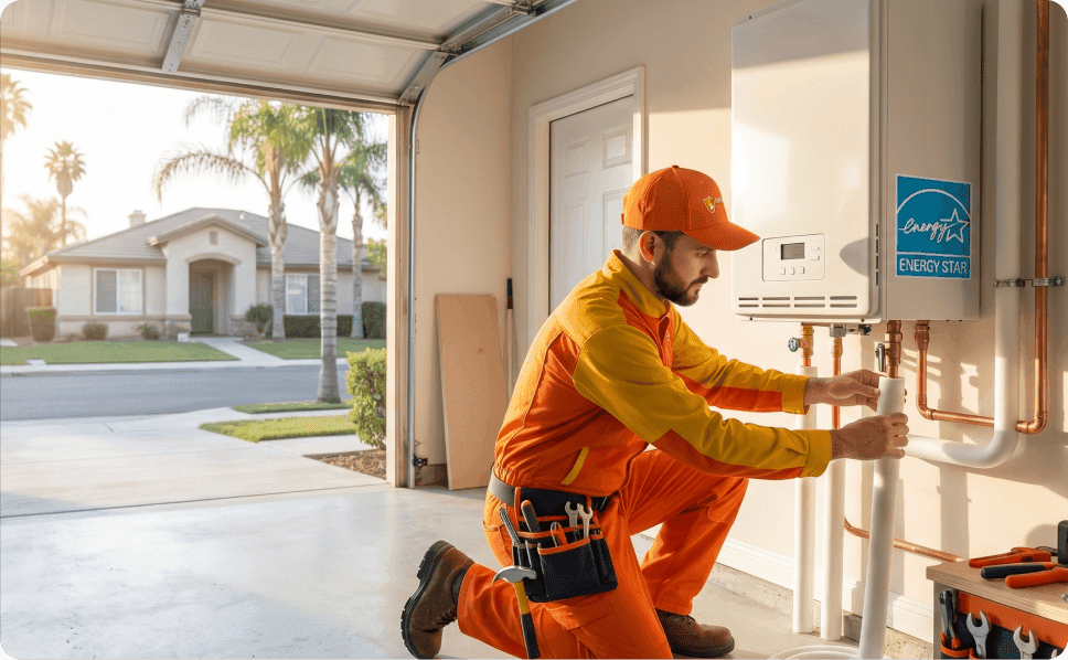 Licensed plumber installing energy star tankless water heater in residential garage