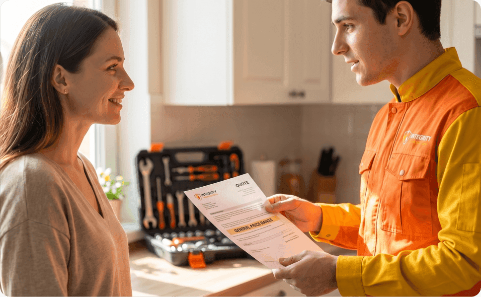 Integrity Plumbing technician reviewing plumbing service quote with happy homeowner in kitchen