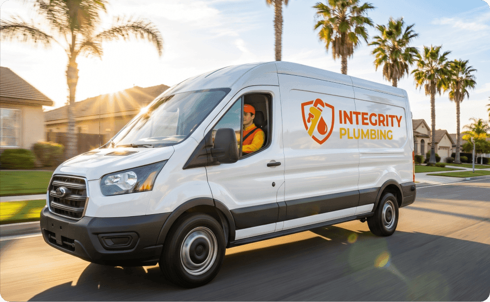 Integrity Plumbing white service van driving through sunny suburban neighborhood with technician in driver seat