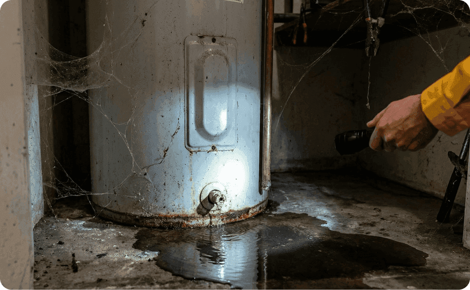 Old rusted water heater leaking water on basement floor, professional plumber inspecting for water heater replacement service in Fresno CA
