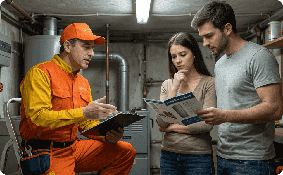 Local Fresno plumber discussing water heater models and installation plans with a couple