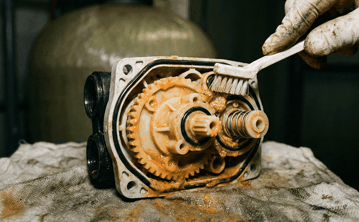 Technician repairing water softener resin tank in Fresno home